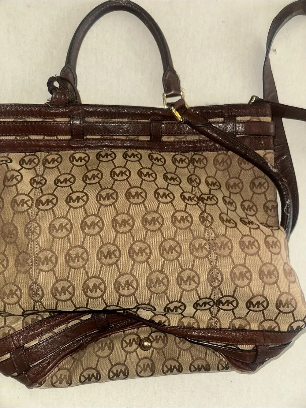 Womens Michael Kors Brown Logo Canvas Tote with Dark Brown Leather Trim
